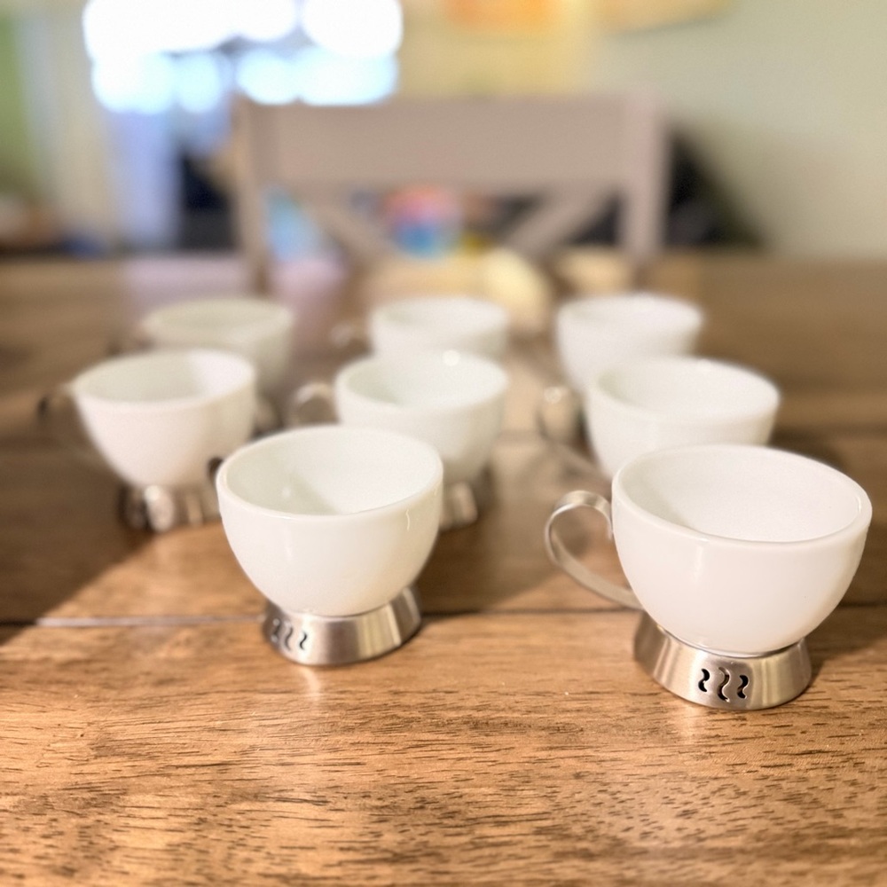 Trudeau Bianca White Porcelain Espresso Cups Stainless Base Set of 8